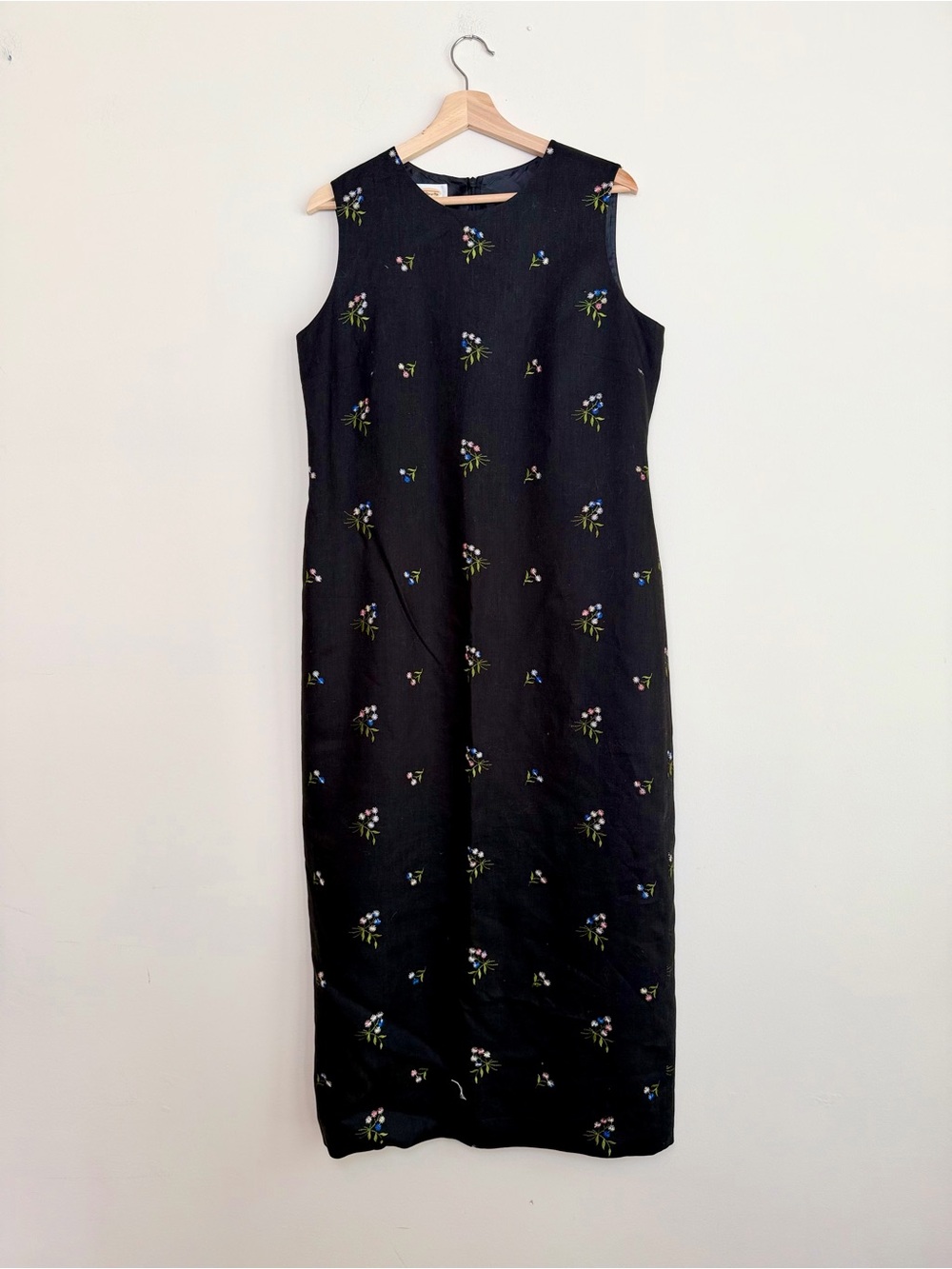Talbots Black Irish Linen Floral Embroidered Midi Sheath Dress Size 12